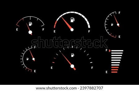 Fuel indicator meter or fuel gauge for petrol, gasoline, diesel level count. Control gas tank fullness. Set of fuel gauge scales icons. Car dial petrol gasoline dashboard. Vector illustration