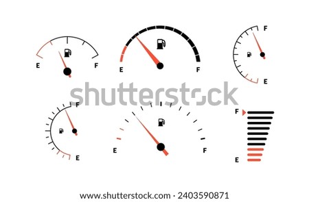 Fuel indicator meter or fuel gauge for petrol, gasoline, diesel level count. Control gas tank fullness. Set of fuel gauge scales icons. Car dial petrol gasoline dashboard. Vector illustration