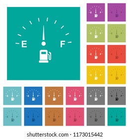 Fuel indicator multi colored flat icons on plain square backgrounds. Included white and darker icon variations for hover or active effects.