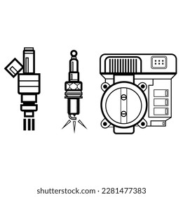 fuel injector, spark plug, throttle body, automotive car service icons. 