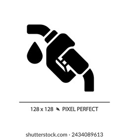 Fuel nozzle black glyph icon. Gas station. Gasoline pump. Fuel dispenser. Engine running. Refueling car. Silhouette symbol on white space. Solid pictogram. Vector isolated illustration