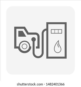 Fuel nozzle and dispenser icon. Device connect to pump and fuel dispenser by flexible hose for refueling car or vehicle in petrol, gas or filling station, i.e. gasoline, diesel, benzine. Vector icon.