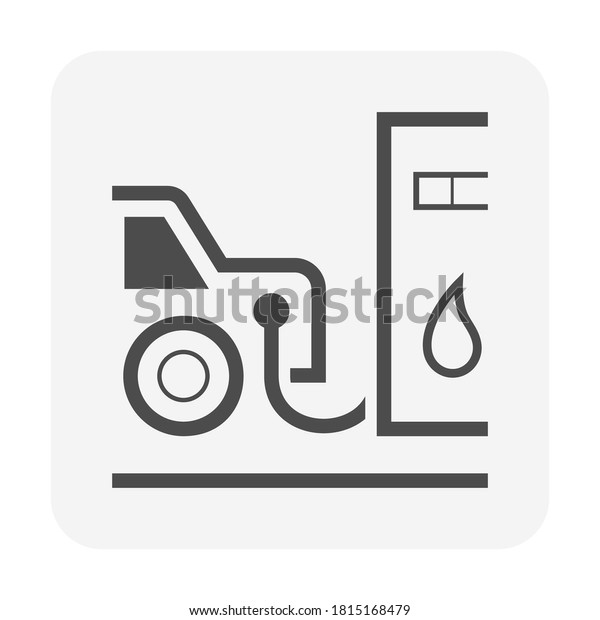 Fuel nozzle and dispenser icon. Device connect to\
pump and fuel dispenser by flexible hose for refueling car or\
vehicle in petrol, gas or filling station, i.e. gasoline, diesel,\
benzine. Vector icon.