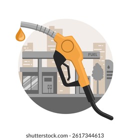 Fuel nozzle with fuel drop illustration and gas station
