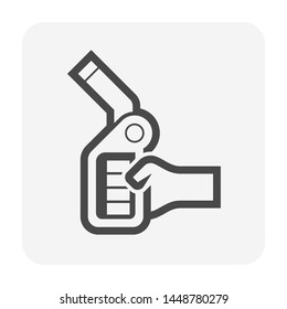 Fuel nozzle icon or automatic fuel nozzle. Device connect to pump and fuel dispenser by flexible hose for refueling car or vehicle in petrol, gas or filling station, i.e. gasoline, diesel, benzine.