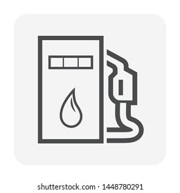 Fuel nozzle icon or automatic fuel nozzle. Device connect to pump and fuel dispenser by flexible hose for refueling car or vehicle in petrol, gas or filling station, i.e. gasoline, diesel, benzine.