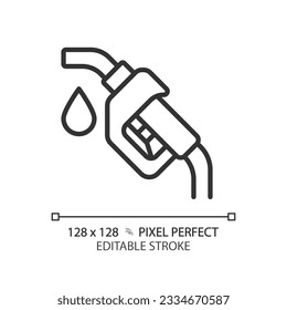 Fuel nozzle linear icon. Gas station. Gasoline pump. Fuel dispenser. Engine running. Refueling car. Petroleum product. Thin line illustration. Contour symbol. Vector outline drawing. Editable stroke