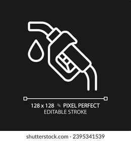 Fuel nozzle white linear icon for dark theme. Gas station. Gasoline pump. Fuel dispenser. Engine running. Refueling car. Thin line illustration. Isolated symbol for night mode. Editable stroke