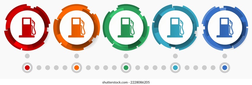 Fuel, oil, station concept vector icon set, modern design abstract web buttons i n 5 color options, infographic template