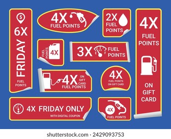 Fuel points reward peel off red stickers set loyalty program badge design template realistic vector illustration. Gasoline gas diesel oil buy award trophy money savings special offer achievement tag