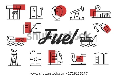 Fuel poster. Fuel poster design with Gas Pump, Oil Barrel, Electric Charger, Tanker Ship, Nozzle icons. Simply poster for presentations, covers. Banner template. Vector illustration.