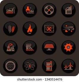 Fuel Power generation color vector icons on dark background for user interface design