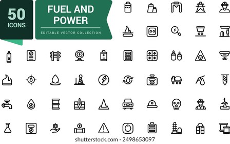 Fuel And Power icon pack. Set of industial, Construction, Power Industry line icons. Minimalist thin linear web ui icon set. Simple editable vector stroke illustration.