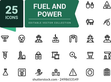 Fuel And Power icon pack. Set of industial, Construction, Power Industry line icons. Minimalist thin linear web ui icon set. Simple editable vector stroke illustration.