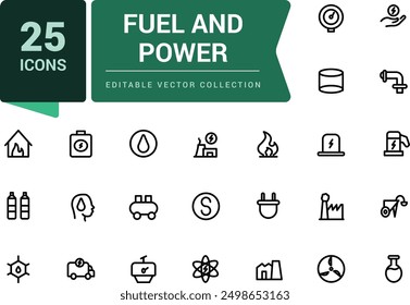 Fuel And Power icon pack. Set of industial, Construction, Power Industry line icons. Minimalist thin linear web ui icon set. Simple editable vector stroke illustration.