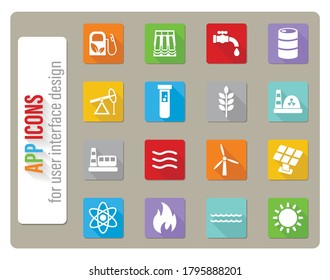 fuel and power icons set in flat design with long shadow