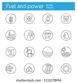 Fuel and power vector best gray line icons set of 16 on white background