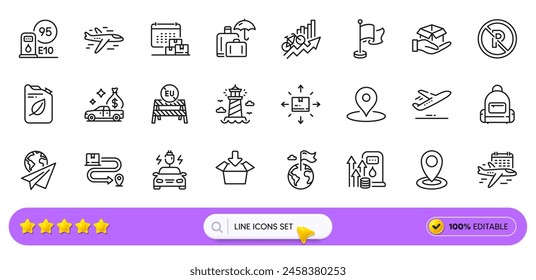 Fuel price, Delivery calendar and Petrol station line icons for web app. Pack of Destination flag, Training results, Airplane pictogram icons. Backpack, Delivery service, Cardboard box signs. Vector