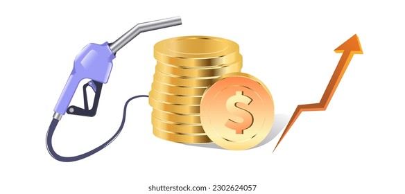 Ilustración del aumento del precio del combustible en dólares estadounidenses. El precio de la gasolina y el diesel sube. Alimentando el vector de especulación. comercio de materias primas e impuestos sobre el petróleo. aumento de los precios del combustible. símbolo del dólar estadounidense. icono usd. aumento del petróleo.   