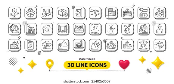 Fuel price, Inspect and Lighthouse line icons pack. 3d design elements. Furniture, Engineering team, Warning road web icon. Diesel station, Skyscraper buildings, Canister pictogram. Vector