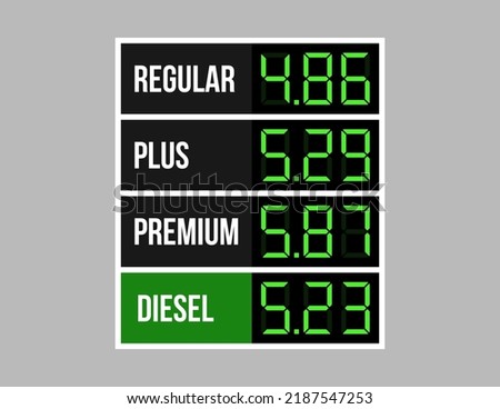 Fuel price on pixel screen, gas station tablo. Vector isolated mockup gasoline cost digital numbers on LCD billboard. Diesel value on electronic panel. Gas service alphabet set. Petrol advertise sign