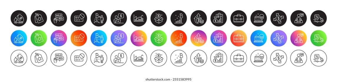 Ícones de preço de combustível, Troca de pagamento e Linha de pacote de correio. Botões de gradiente do ícone redondo. Pacote de Bitcoin gráfico, Oferta de oferta, Portfólio ícone. Ataque cibernético, infográfico, pictograma de cartão. Vetor