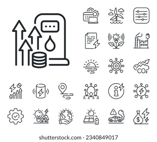 Fuel price sign. Energy, Co2 exhaust and solar panel outline icons. Petrol price line icon. Diesel rate symbol. Fuel price line sign. Eco electric or wind power icon. Green planet. Vector