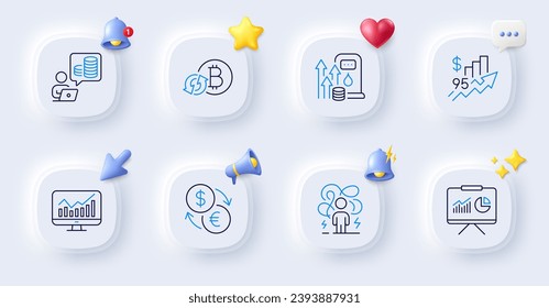 Iconos de línea de bitcoin de precio del combustible, Estadísticas y Refrescamiento. Botones con timbre 3d, discurso de chat, cursor. Paquete de contabilidad de presupuesto, Presentación, Icono de aumento de precio. Vector