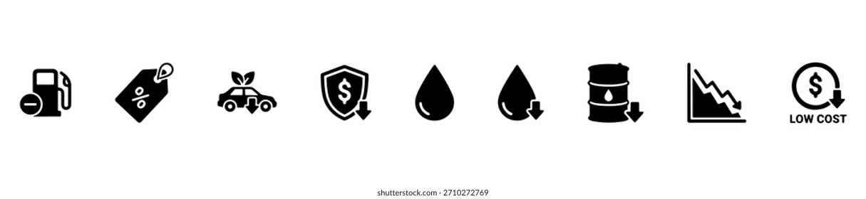 A fuel pricing icon set with visuals for cost reduction, eco savings, and energy efficiency.