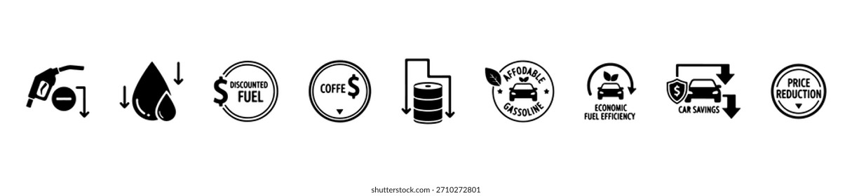 A fuel pricing icon set with visuals for cost reduction, eco savings, and energy efficiency.