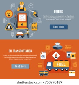 Fuel pump banner set with fueling oil transportation descriptions and read more buttons vector illustration