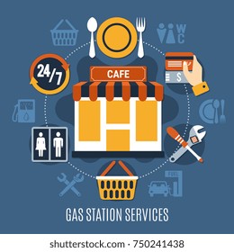 Fuel pump flat composition with gas station services description and food payment repair toilet vector illustration