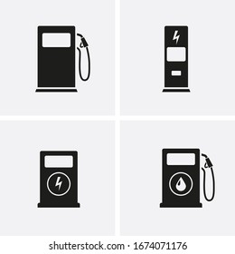 Fuel pump, gas station and Electric car charging Icons set. Vector petrol and electric station