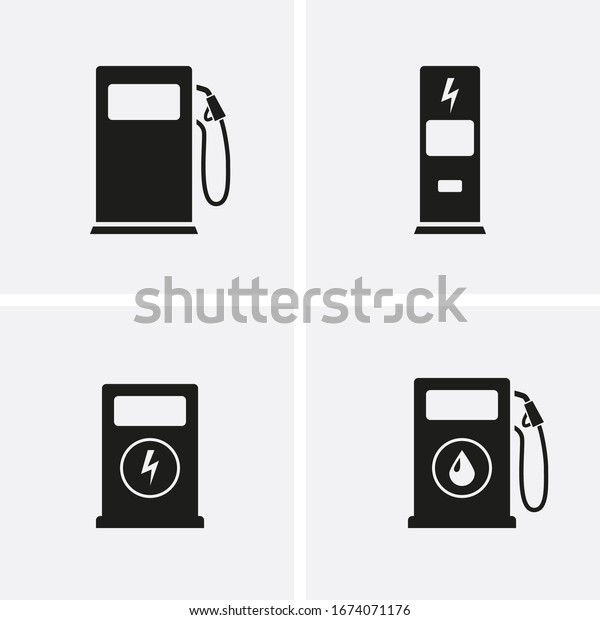 Fuel pump, gas station and\
Electric car charging Icons set. Vector petrol and electric\
station