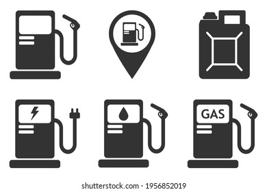 Fuel pump, gas station icons, refueling symbol isolated on white background. Refueling with petrol, gas and electricity. Vector illustration.