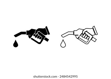 Fuel pump in hand icon. Silhouette of petrol pump with human hand. isolated vector outline symbol.