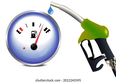 Bomba de combustible en mano y manómetro de combustible. Sujetando boquilla de combustible. Bomba de gasolina con gota, aislada en fondo blanco, ilustración de Vector plano