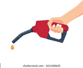 Fuel pump in hand man. Petrol station. Holding fuel nozzle. Vector illustration flat design style.