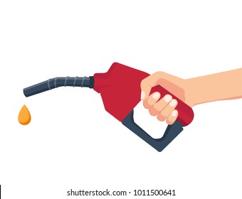 Fuel pump in hand man. Petrol station. Holding fuel nozzle. Vector illustration flat design style.