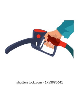 Fuel pump in hand man. Petrol station. Holding fuel nozzle. Vector illustration flat design style, isolation on a white background.