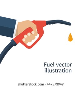 Fuel pump in hand man. Petrol station. Holding fuel nozzle. Gasoline pump with drop.  Vector illustration flat design style. Icon isolation on a white background.