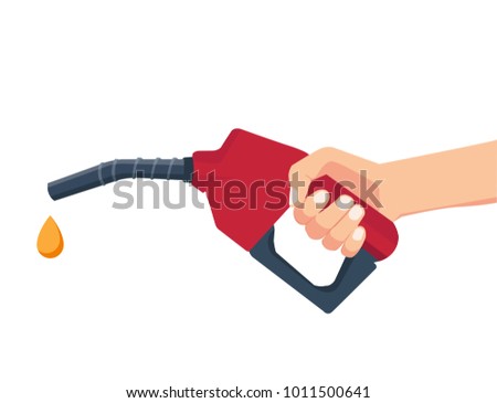 Fuel pump in hand man. Petrol station. Holding fuel nozzle. Vector illustration flat design style.