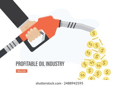 Fuel pump in hand man. Profit from sale of petroleum products. Expensive gasoline. Money is pouring out fuel nozzle. Gasoline pump with golden coins. Profitable oil industry. flat Vector illustration 