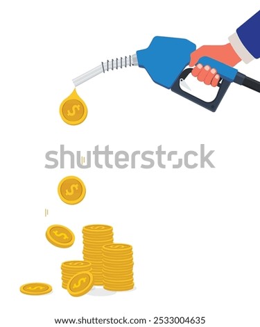 Fuel pump in hand man. Profit from sale of petroleum products. Expensive gasoline. Money is pouring out fuel nozzle. Gasoline pump with golden coins. Profitable oil industry. stock illustration