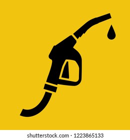 Fuel pump icon black silhouette. Petrol station symbol. Pictogram gas station. Sign gasoline pump nozzle with drop. Vector illustration flat design. Isolated on yellow background. 