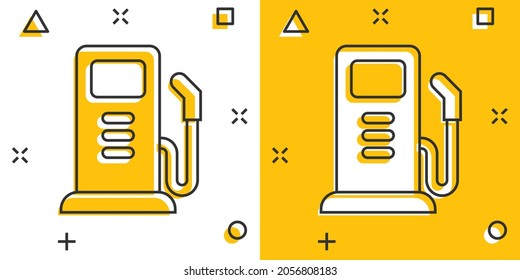 Fuel pump icon in comic style. Gas station cartoon sign vector illustration on white isolated background. Petrol splash effect business concept.
