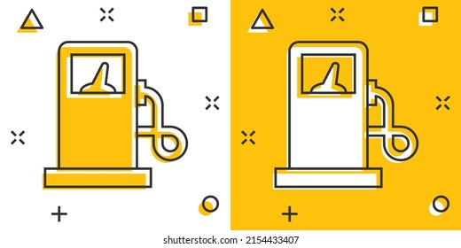 Fuel pump icon in comic style. Gas station cartoon sign vector illustration on white isolated background. Petrol splash effect business concept.