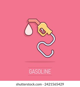 Fuel pump icon in comic style. Gas station cartoon sign vector illustration on white isolated background. Petrol splash effect business concept.