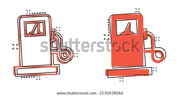 Fuel pump icon in comic style. Gas
station cartoon sign vector illustration on white isolated
background. Petrol splash effect business
concept.