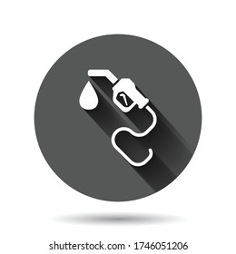 Fuel pump icon in flat style. Gas station sign vector illustration on black round background with long shadow effect. Petrol circle button business concept.